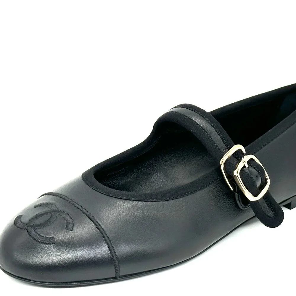 CHANEL REV CC Logo Leather Mary Jane Ankle Strap Flat Ballerina Shoes Black - Picture 4 of 15